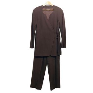 Tahari Brown Suit 2 Piece Wool Pantsuit Long Line Jacket Fully Lined Pants Sz. 8